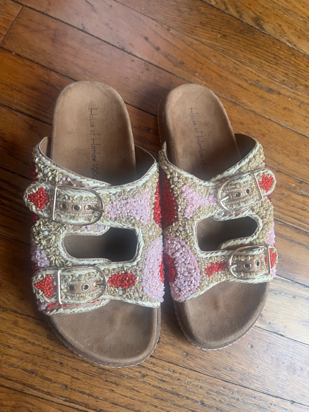 House of Harlow 1960 Pink & Red Beaded Women’s Slide Sandals